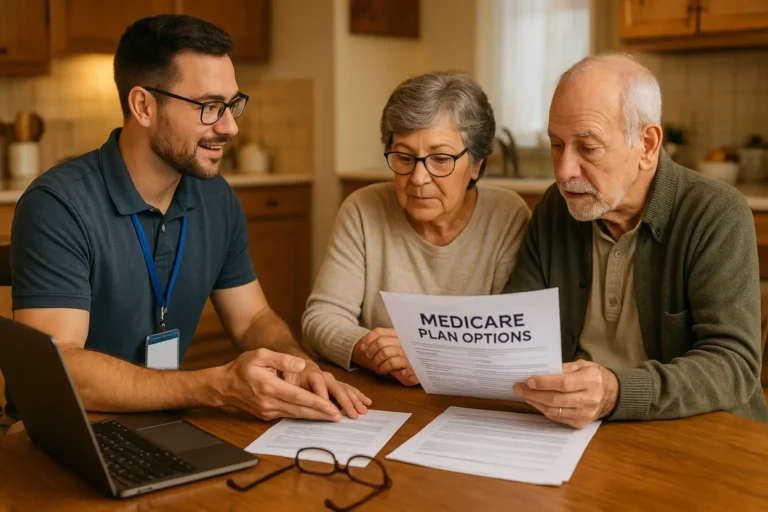Senior couple in South Carolina comparing Medigap Plan G, Plan N, and Medicare Advantage with a local advisor