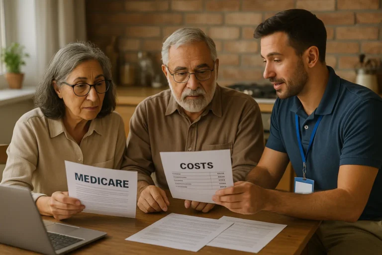 Senior couple in North Myrtle Beach reviewing Medicare costs with a local advisor in 2025.