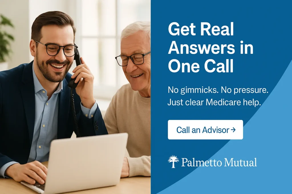 Palmetto Mutual advisor on headset helping senior with Medicare plan”