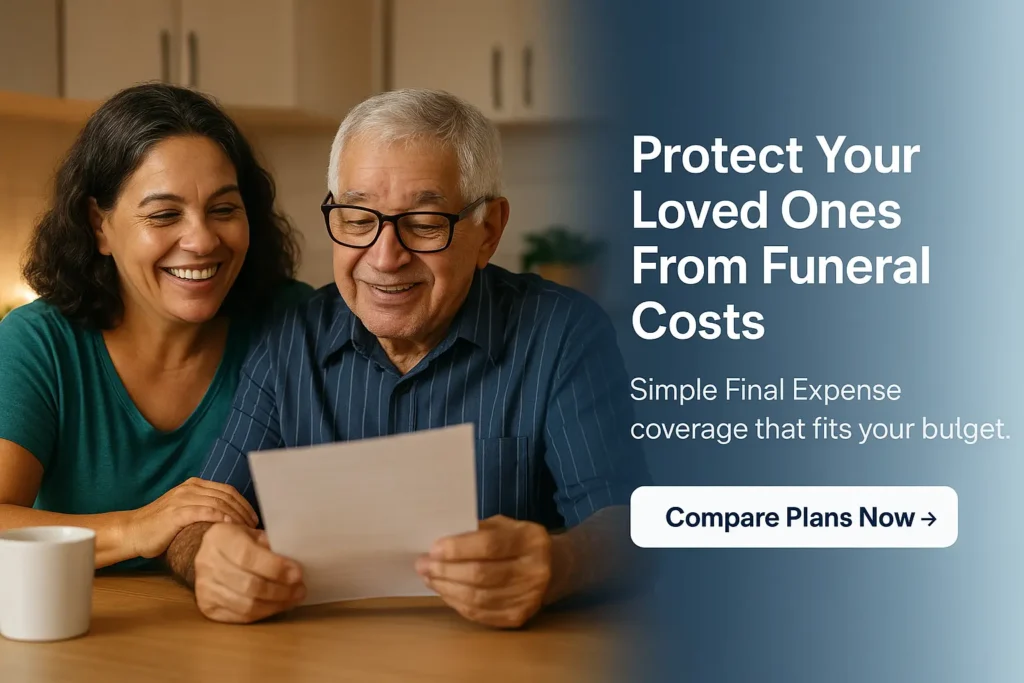 Adult daughter with elderly father reviewing funeral life insurance options at home”