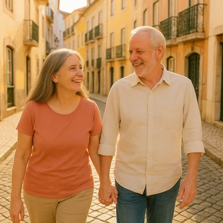 Retired couple walking abroad while reviewing Medicare options