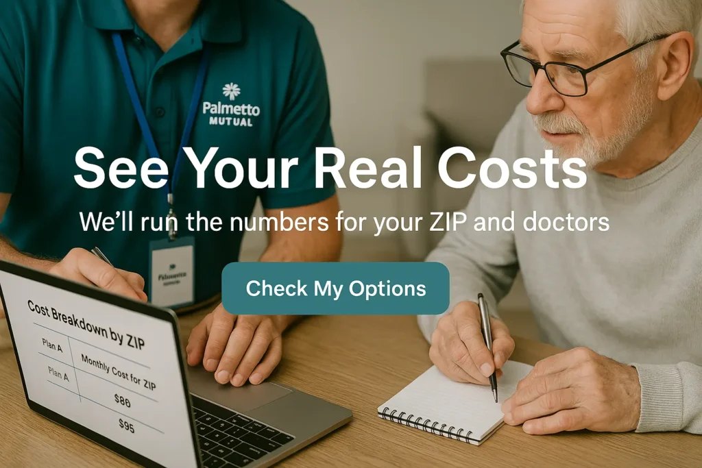 roker and senior reviewing Medicare costs by ZIP code on a laptop.