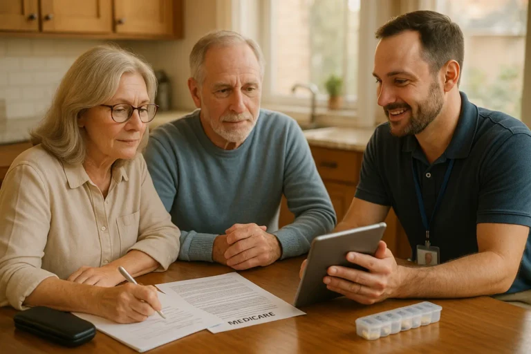 Senior couple reviewing Medicare choices with friendly advisor at kitchen table