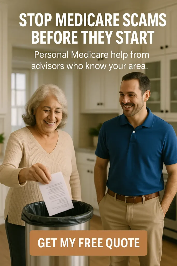 Senior woman tossing Medicare junk mail into trash with advisor nearby