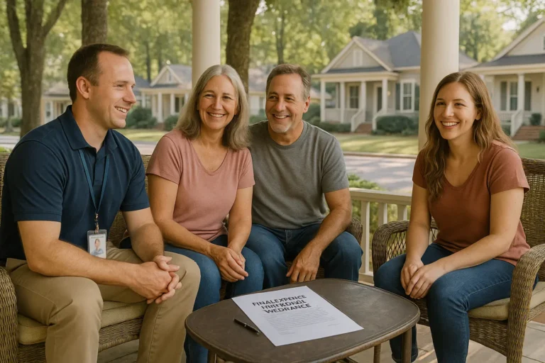 Senior couple and adult daughter reviewing funeral insurance options on an Aiken porch near Hitchcock Woods with friendly local advisor.