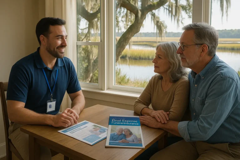 Senior couple in Beaufort, SC meeting with local insurance advisor about final expense plans