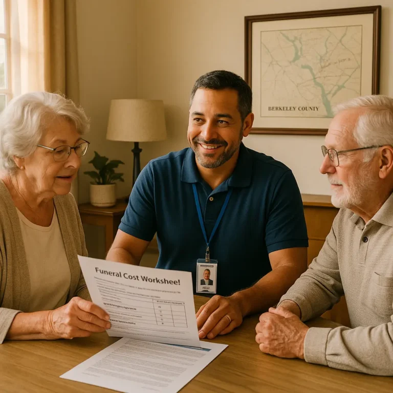 Senior couple in Moncks Corner reviewing funeral coverage options with local agent at a small office table