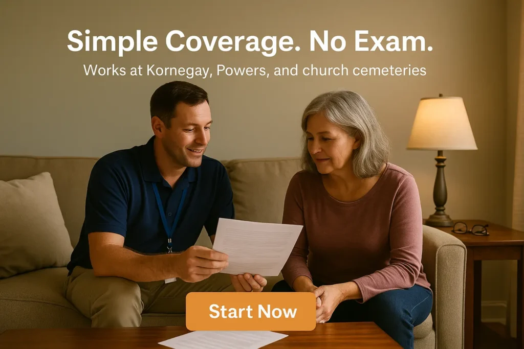 Advisor in polo explaining simple coverage to senior in Bethune/Elgin
