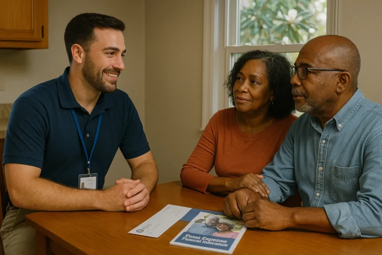 Senior couple with local advisor in St. Matthews discussing final expense options at a kitchen table