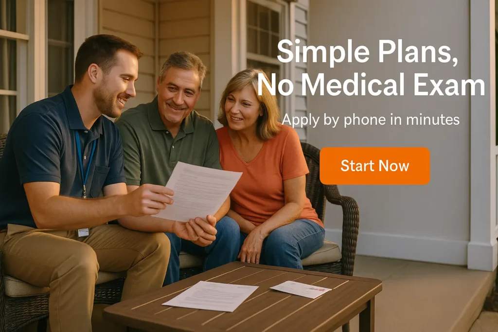 Cayce senior couple on porch reviewing a cremation package estimate with a local advisor in polo and khakis