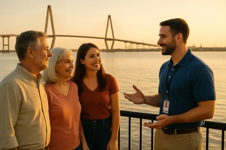 Senior couple with adult daughter near Ravenel Bridge discussing final expense plans with a local agent wearing an ID lanyard