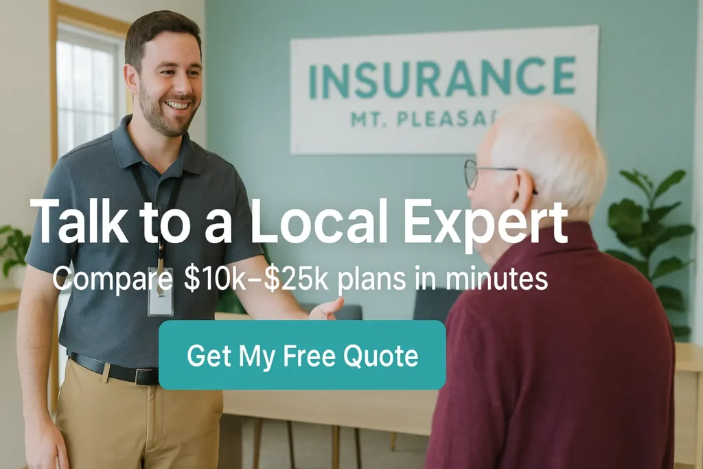 Local insurance agent with ID lanyard greeting Charleston senior at Mount Pleasant office