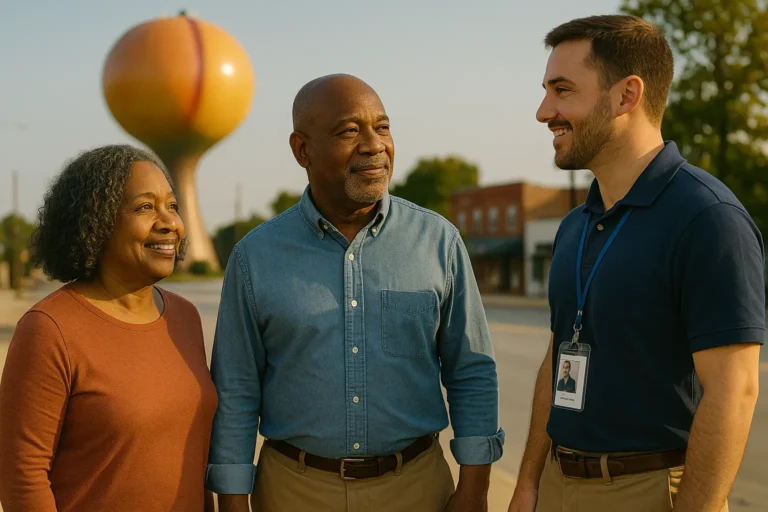 Senior couple in Gaffney near the Peachoid discussing funeral insurance with a friendly local agent