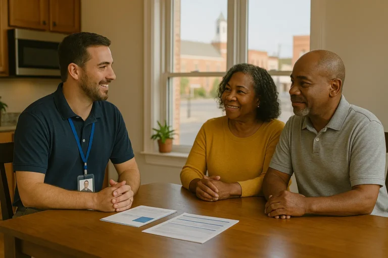 Senior couple reviewing funeral coverage with local agent in Chester County SC