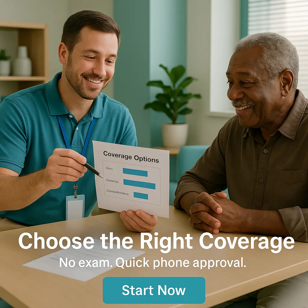 Advisor pointing to simple coverage chart with senior at Chesterfield community center