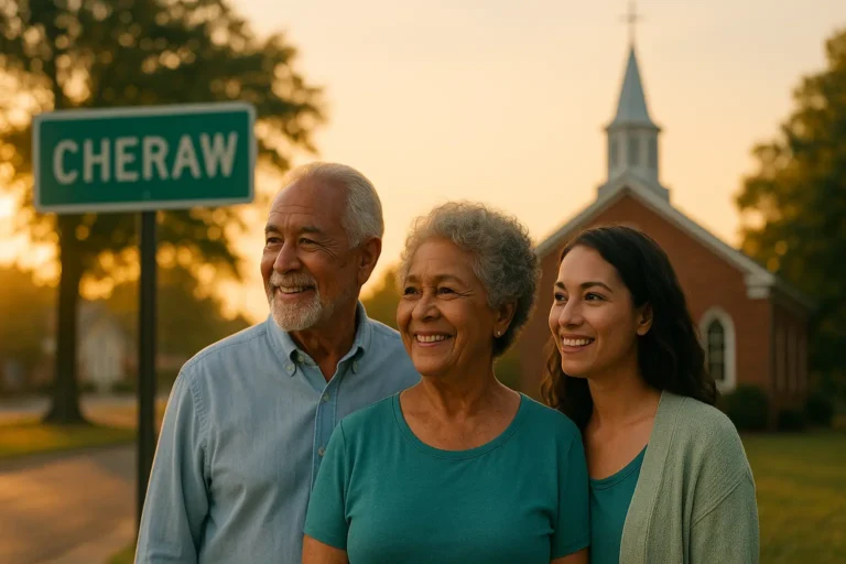 Smiling Chesterfield County grandparents with adult daughter outside a church in Cheraw