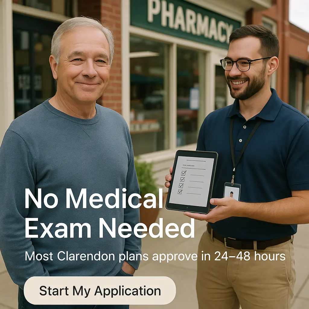 Senior man outside Summerton CVS with local agent explaining no-exam approval