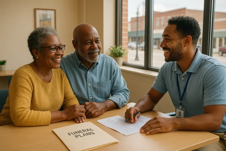 Smiling senior couple with local Clarendon County agent in polo and lanyard reviewing funeral coverage options in Manning