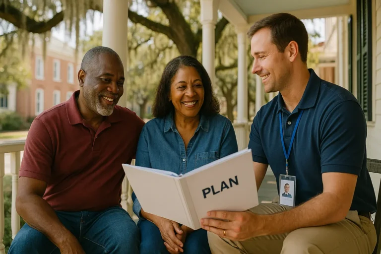 “Senior couple in Walterboro sitting on a front porch with a caring local agent reviewing final expense options”
