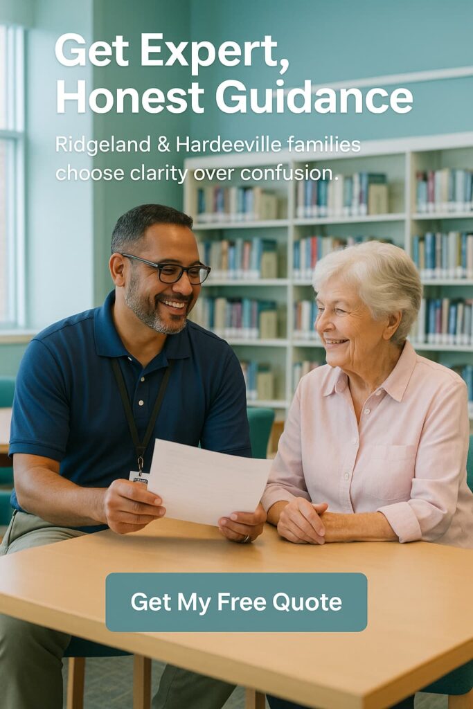 Local agent with lanyard helping senior in Hardeeville library