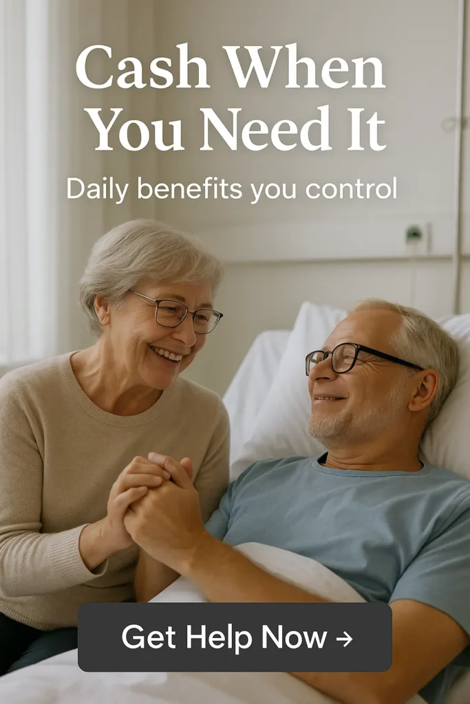 Hospital indemnity CTA banner showing supportive spouse in hospital with headline about cash benefits.