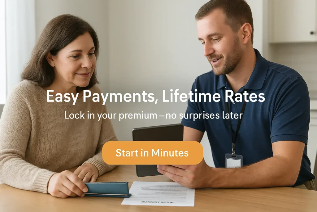 Senior in Fort Mill setting up easy bank draft with advisor for final expense plan
