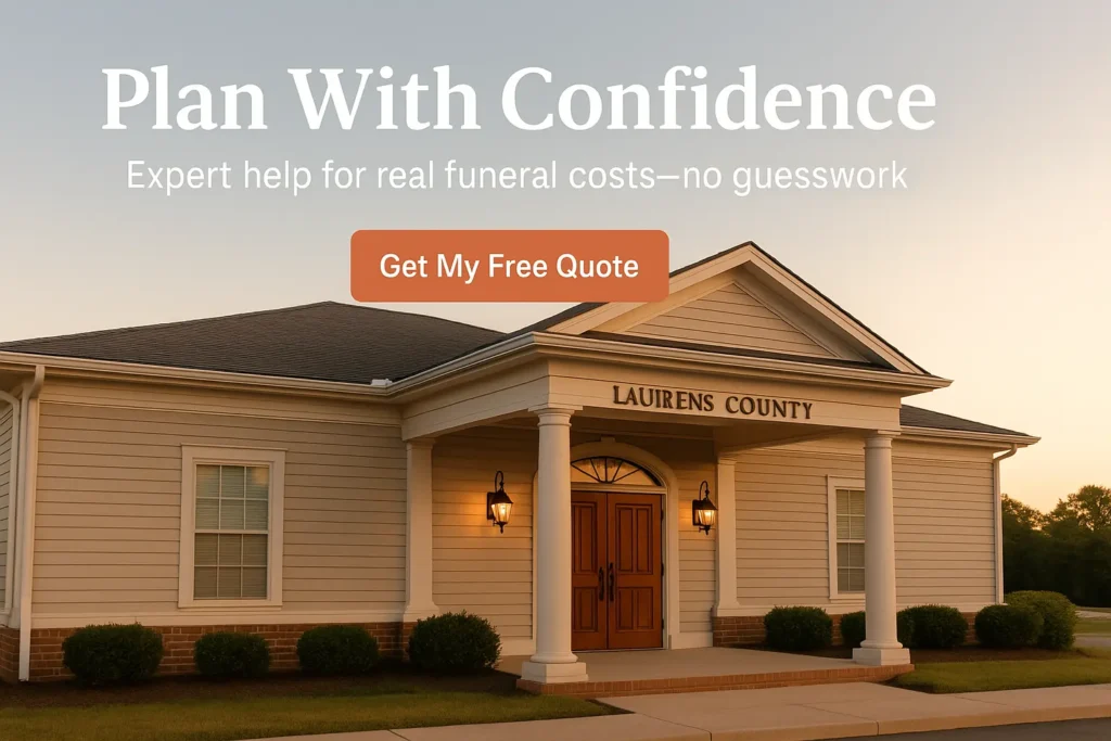 Quiet exterior of a Laurens County funeral home with soft evening light and space for CTA overlay