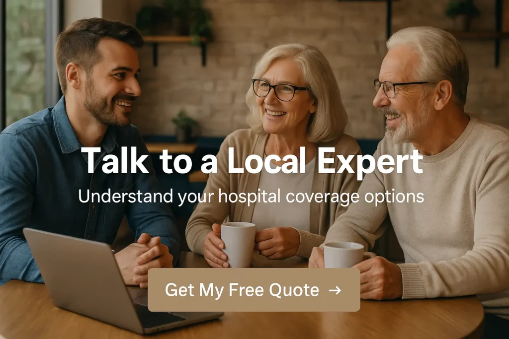 CTA banner image with seniors and advisor meeting about hospital indemnity insurance.