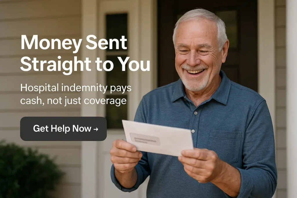 Hospital indemnity CTA banner showing senior receiving check in the mail with headline about cash benefits.