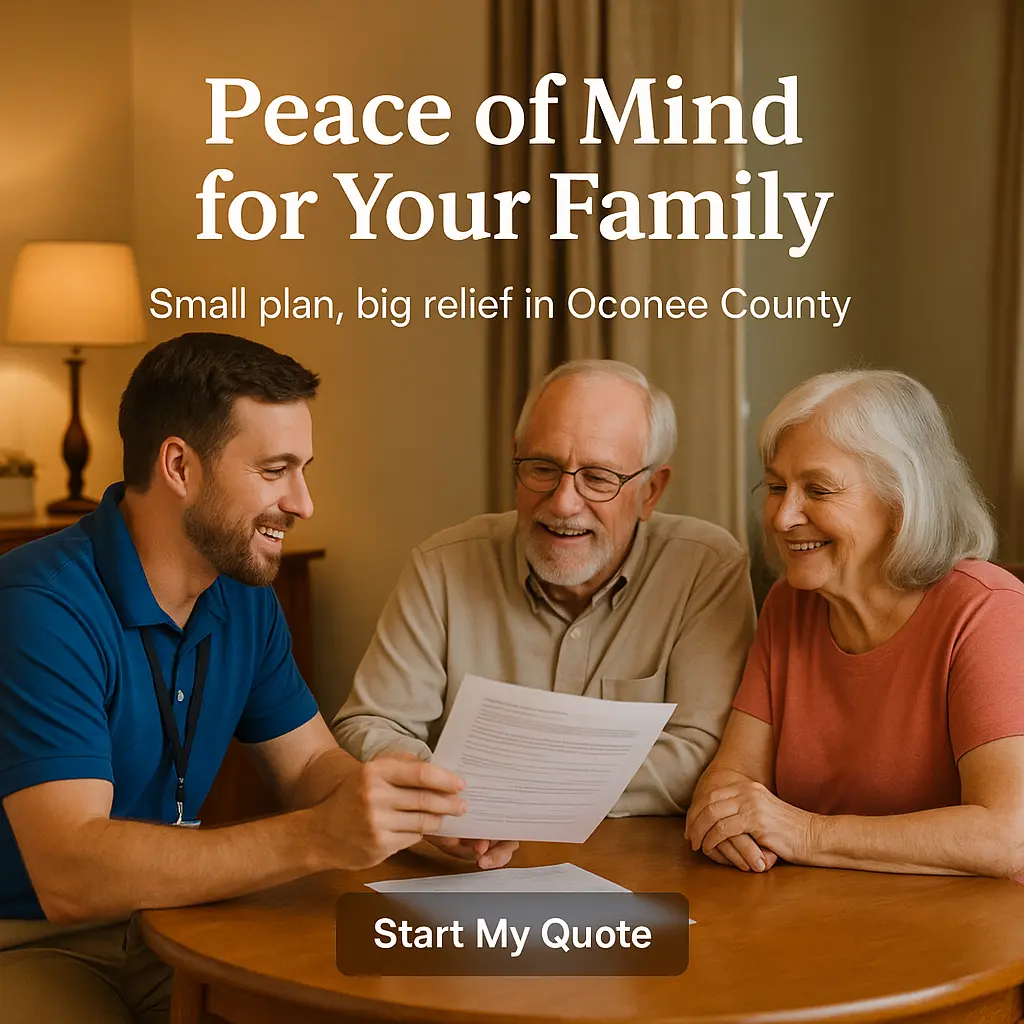 Westminster senior couple at kitchen table with friendly advisor reviewing final expense plan