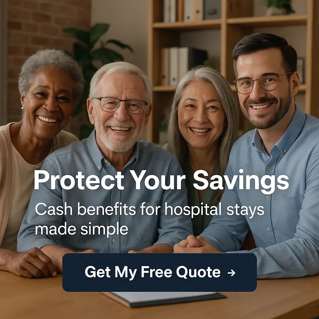 Hospital indemnity insurance CTA banner with headline text overlay about protecting savings.