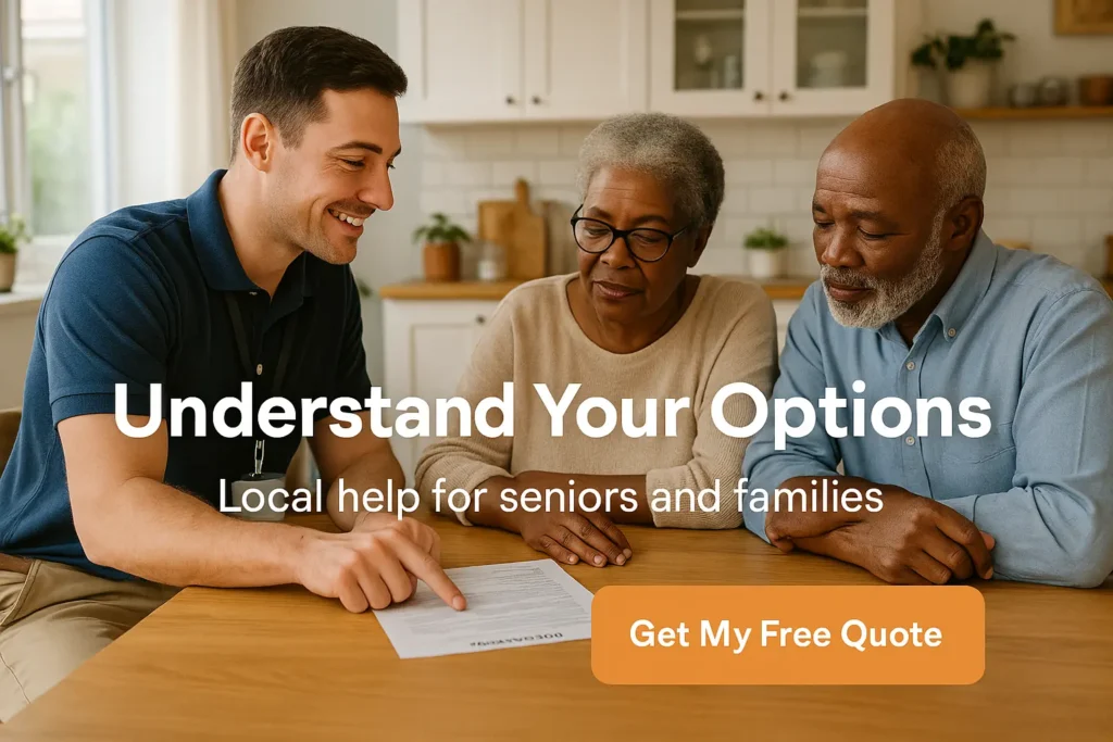 CTA banner image with local insurance advisor reviewing hospital indemnity options with a senior couple