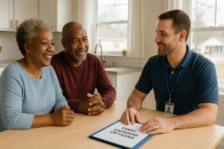 Senior couple with local agent in Dillon County discussing final expense plans