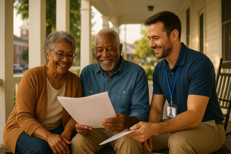 Senior couple on a front porch in Edgefield, SC reviewing final expense options with a friendly local agent.