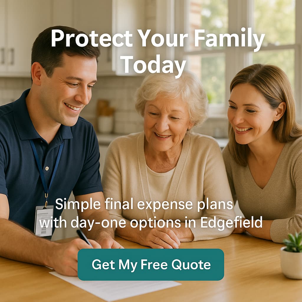 Local agent in polo and khakis meeting a senior daughter and her mother at a kitchen table in Edgefield.