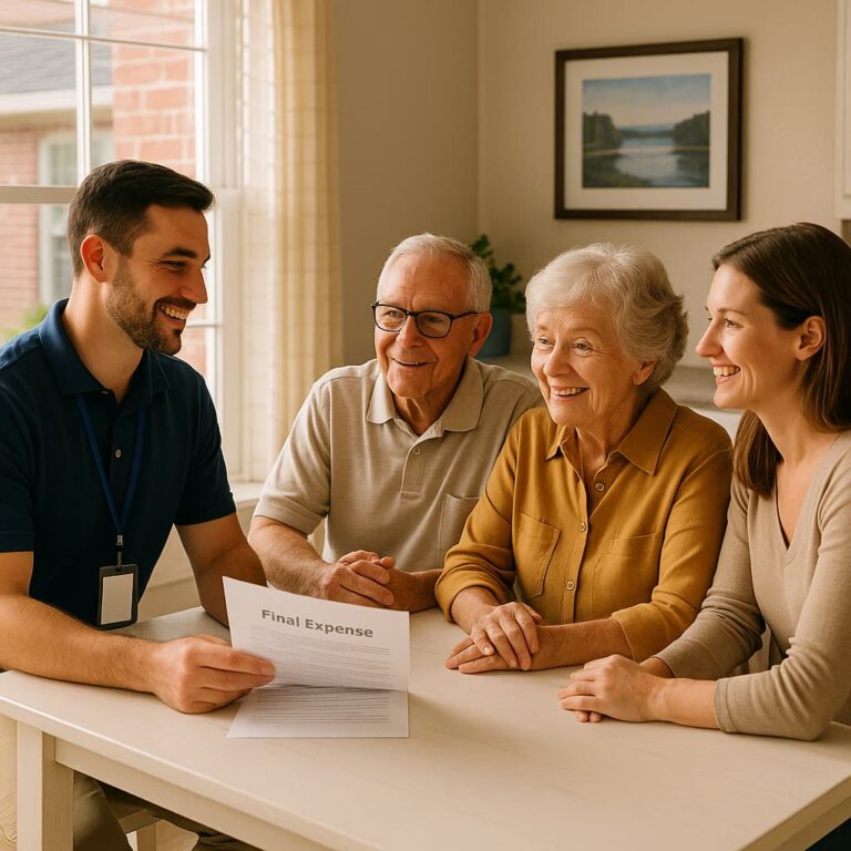 Senior couple with adult daughter reviewing funeral planning folder at a kitchen table in Winnsboro, SC, local agent in polo with lanyard assisting.