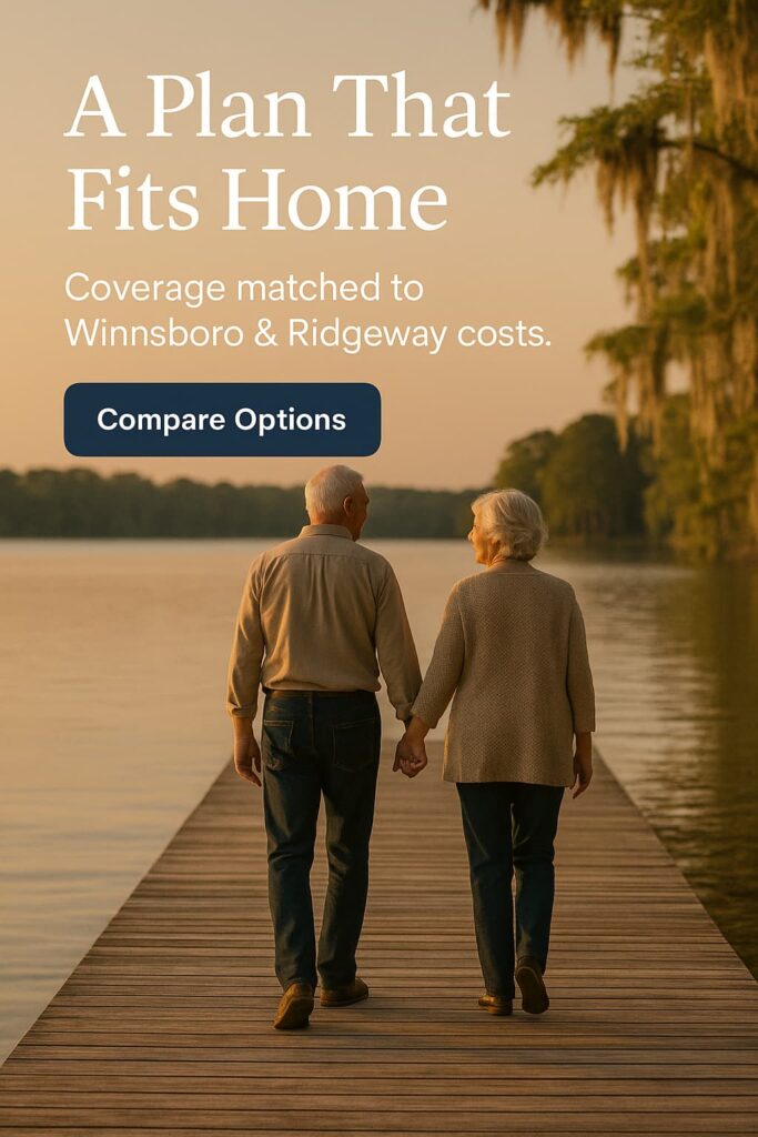 Couple walking along Lake Wateree pier at sunset discussing simple burial plan.