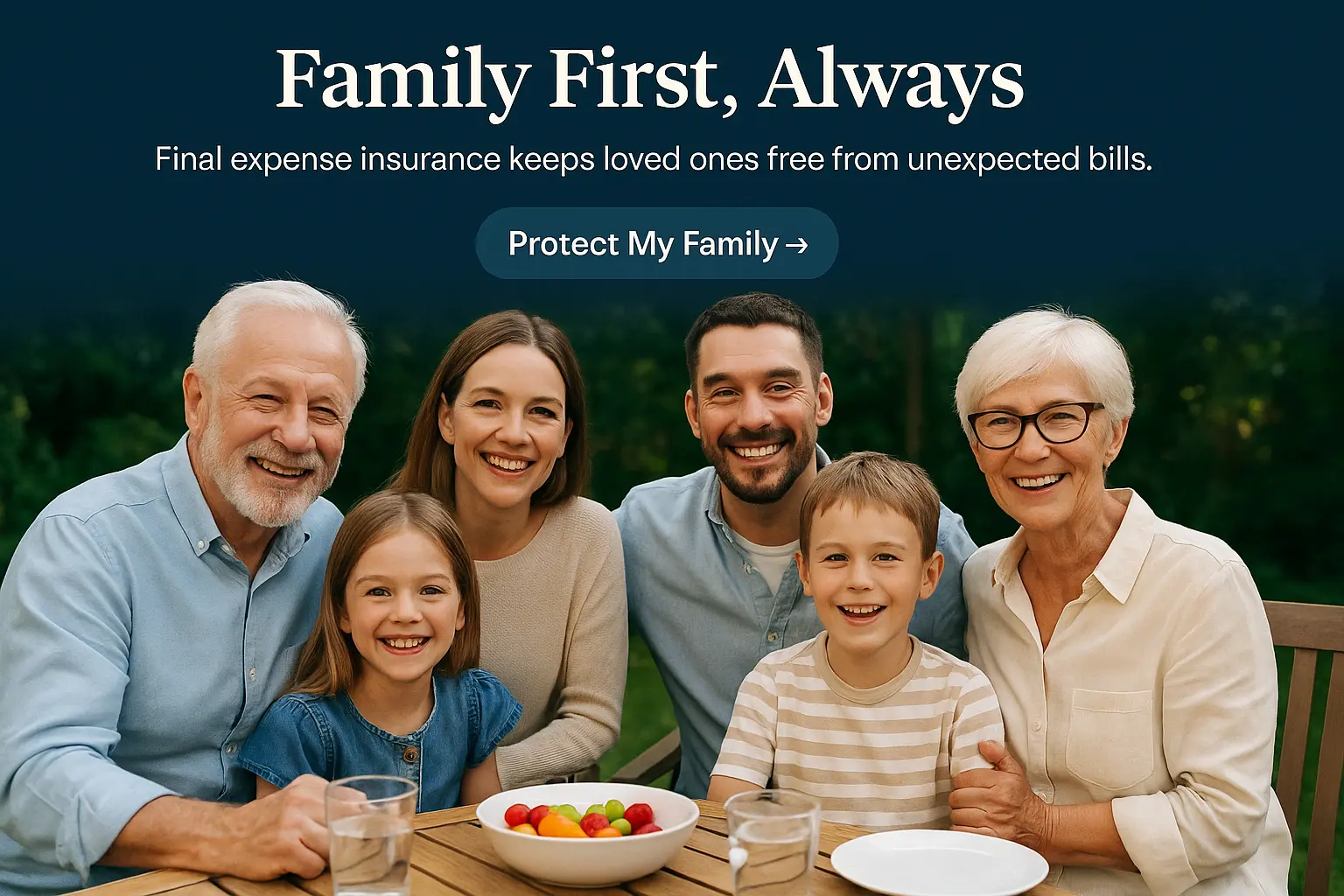 Multi-generational family smiling together outdoors, showing how burial insurance protects loved ones from unexpected bills