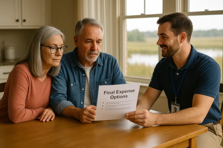 Georgetown County senior couple with local advisor reviewing funeral cost options in Georgetown, SC