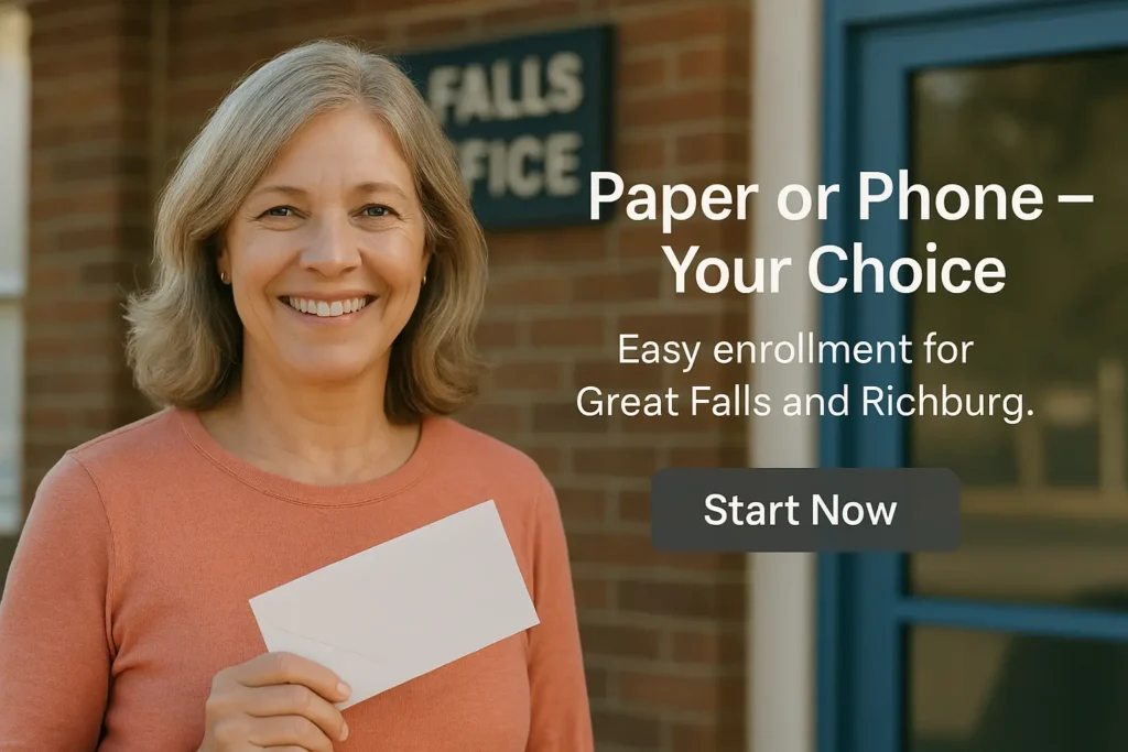 Senior woman at Great Falls Post Office holding mail-in application