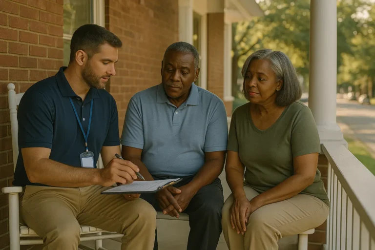Senior couple with local advisor discussing final expense on a Greenwood porch