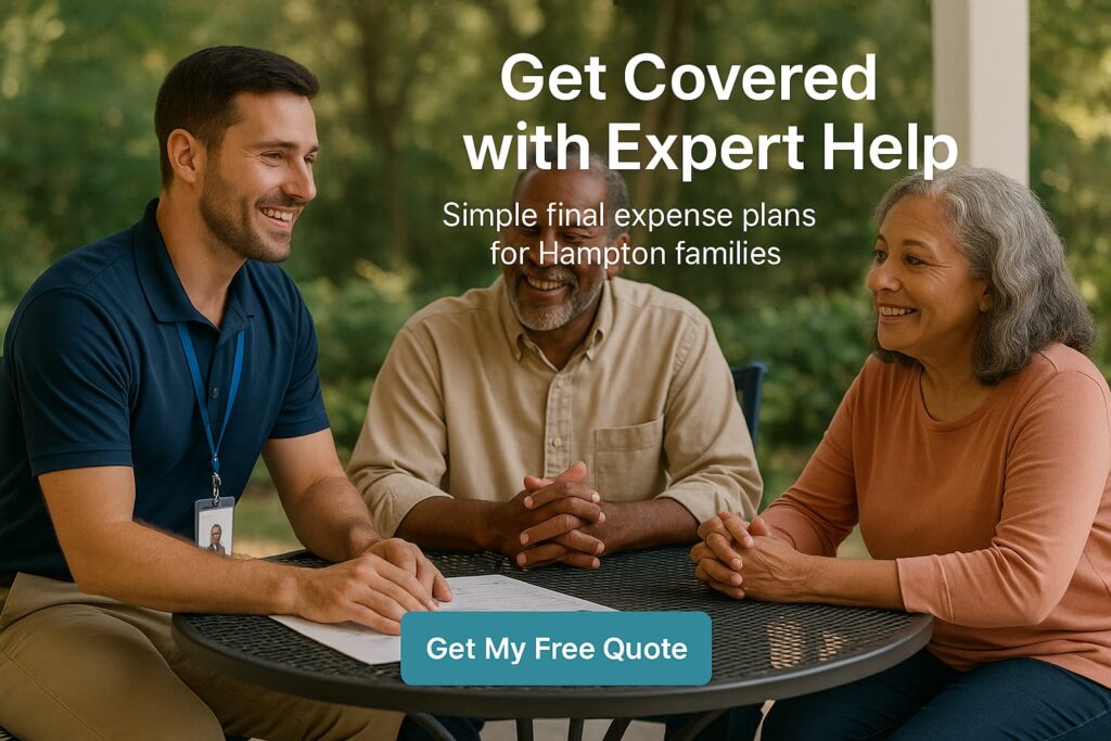 Local advisor in polo reviewing final expense options with Hampton family on porch