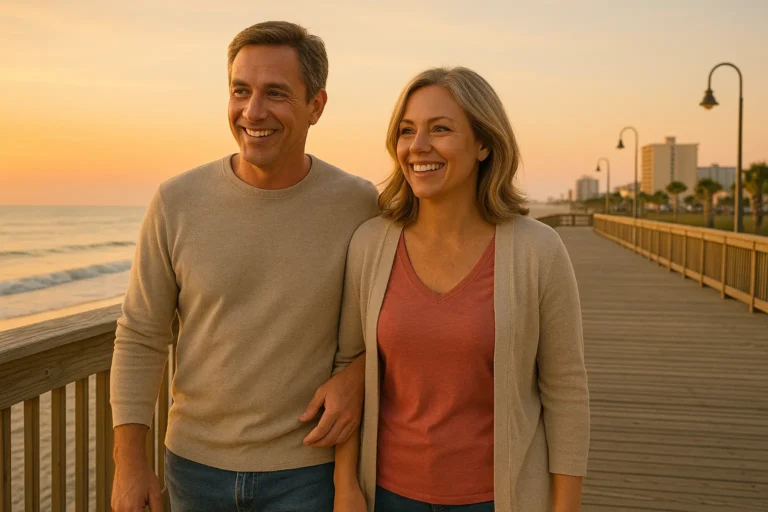 Senior couple on Myrtle Beach boardwalk at sunset, smiling and relaxed