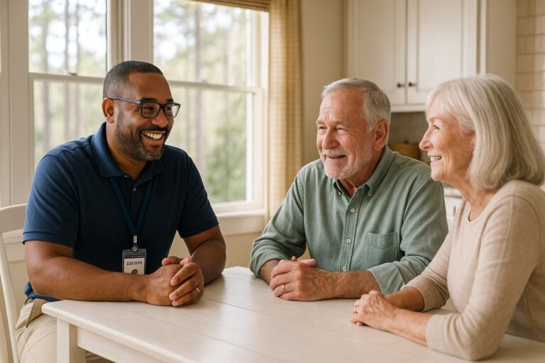 Smiling senior couple in Ridgeland SC meeting with local insurance advisor at kitchen table