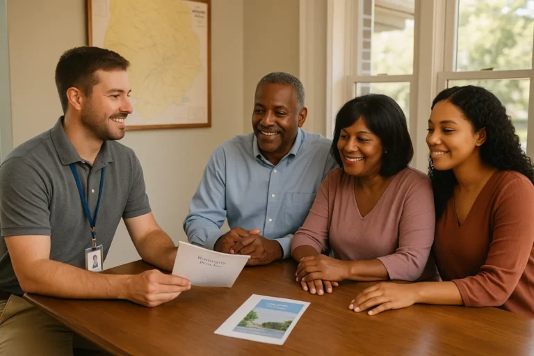 Senior couple and adult daughter with local advisor in Camden discussing funeral plans