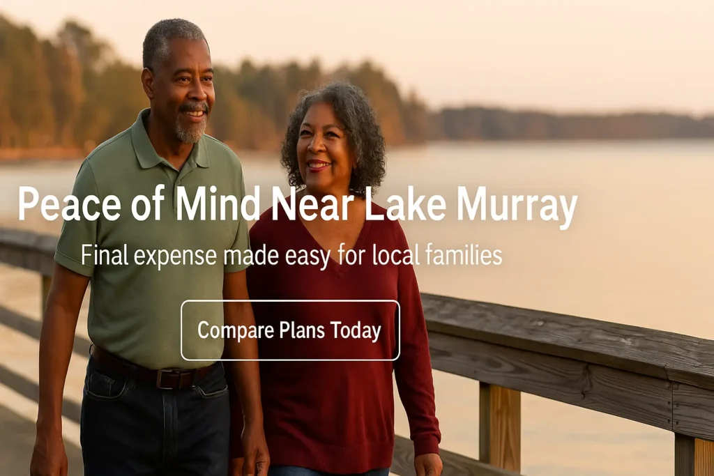 Senior couple strolling by Lake Murray boardwalk at sunset, relaxed and smiling