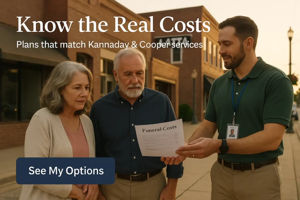Couple reviewing funeral costs near Latta with local advisor