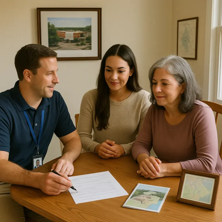 Senior mother and daughter reviewing funeral insurance options with local advisor in Laurens County SC near downtown square