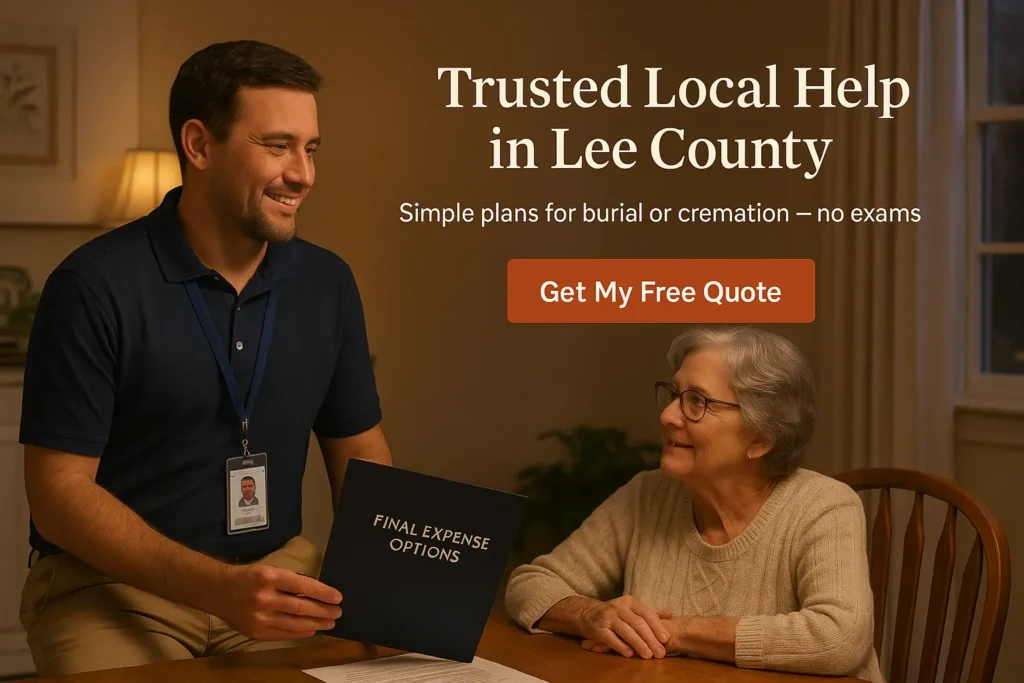 Bishopville agent in polo and lanyard guiding a senior on funeral insurance options