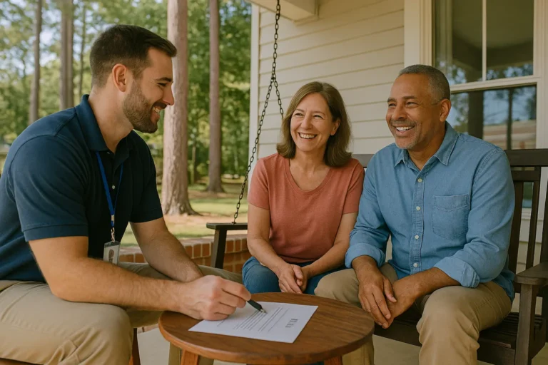 Senior couple on a Marion County front porch reviewing final expense options with local advisor